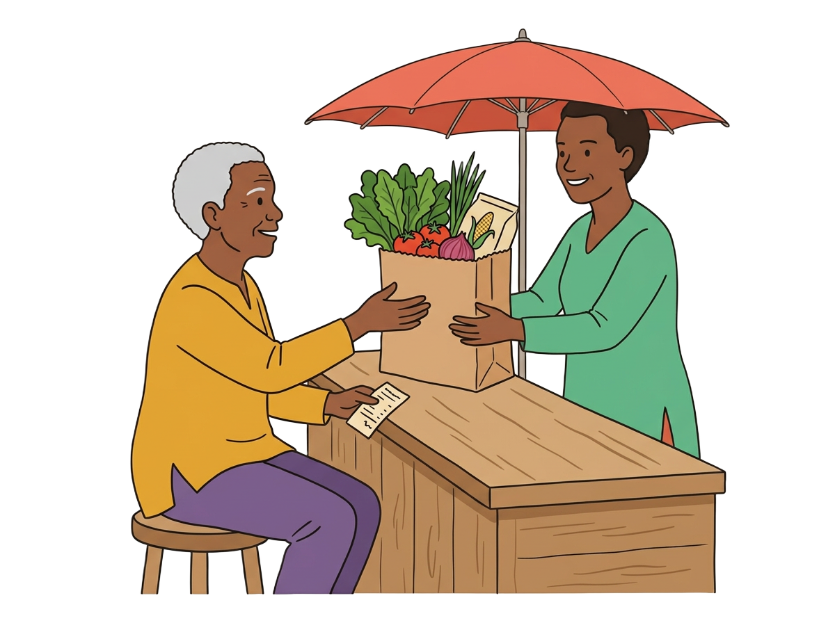 Illustration of a neighbour collecting a grocery gift from a local shopkeeper
