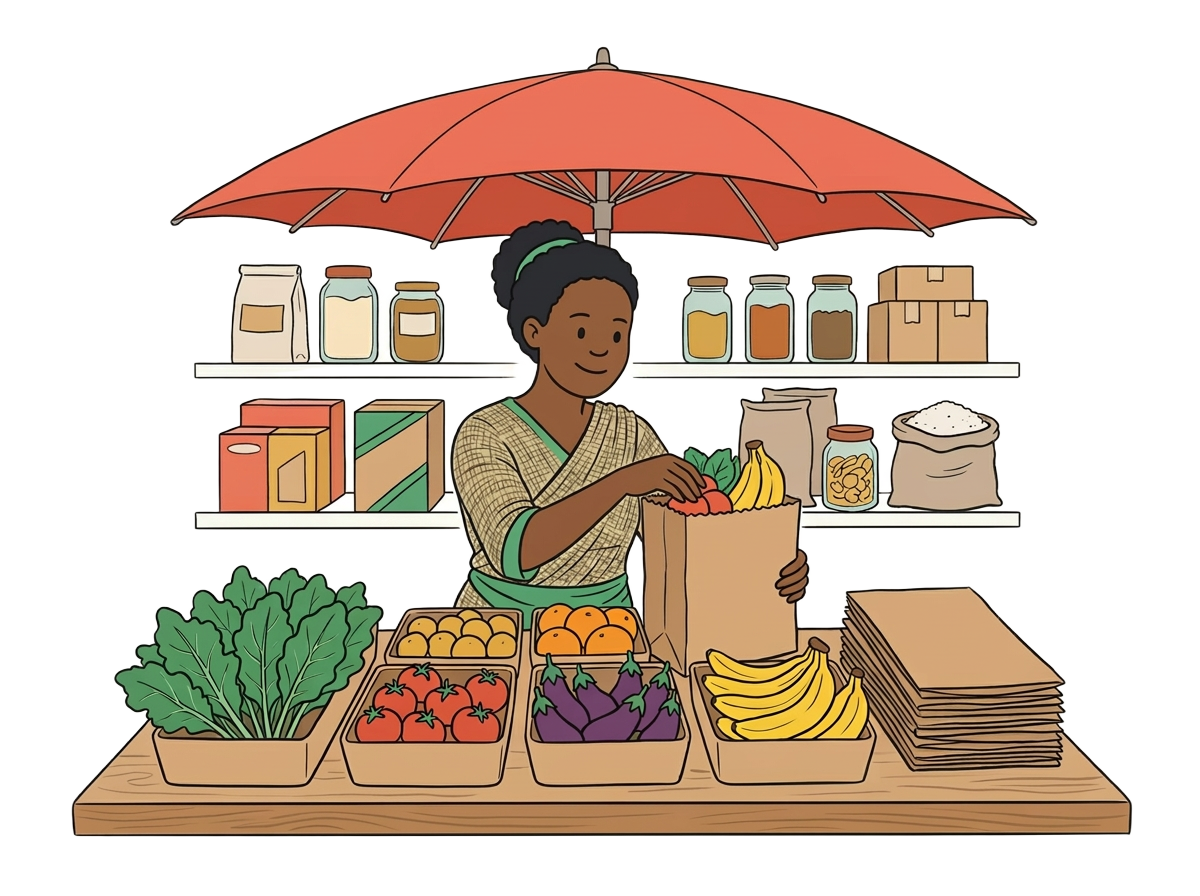 Illustration of a Kenyan shopkeeper preparing fresh groceries at her neighbourhood stall