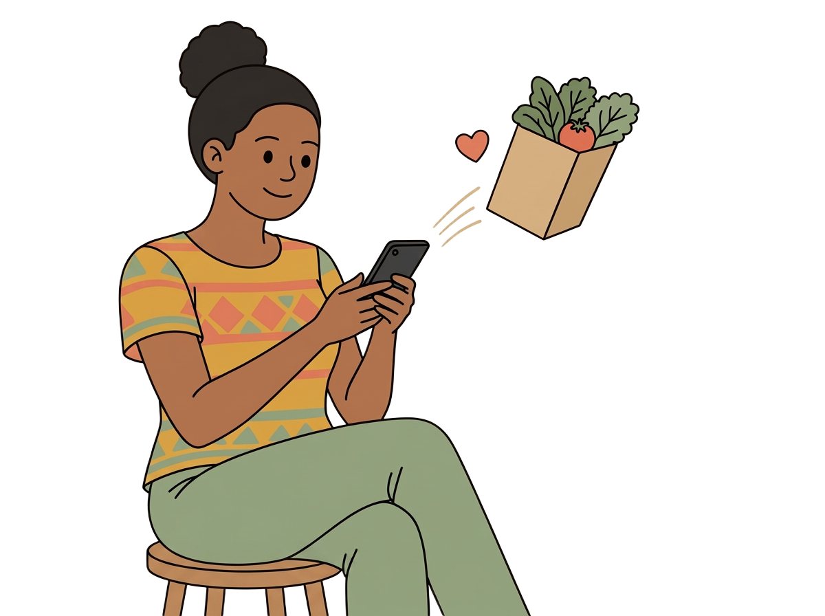 Illustration of a Kenyan giver supporting a neighbour from her phone