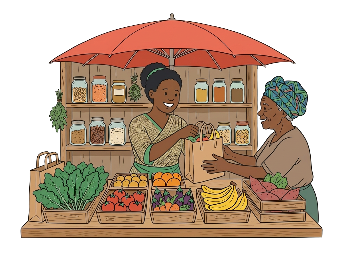 Mama mboga handing a bag of groceries to a neighbour at her stall